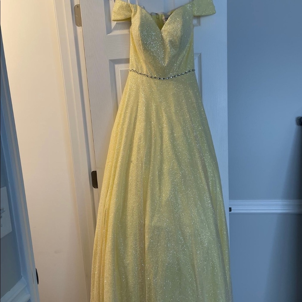 Beautiful sparkly off the shoulder yellow ball gown